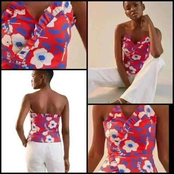 Anthropologie Hutch Strapless Ruffle Trim Floral Red Strapless BohoTop Size 14 - Picture 1 of 12